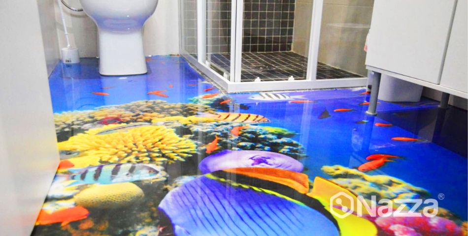 Sol traité avec porcelanato liquide et vinyle 3D
